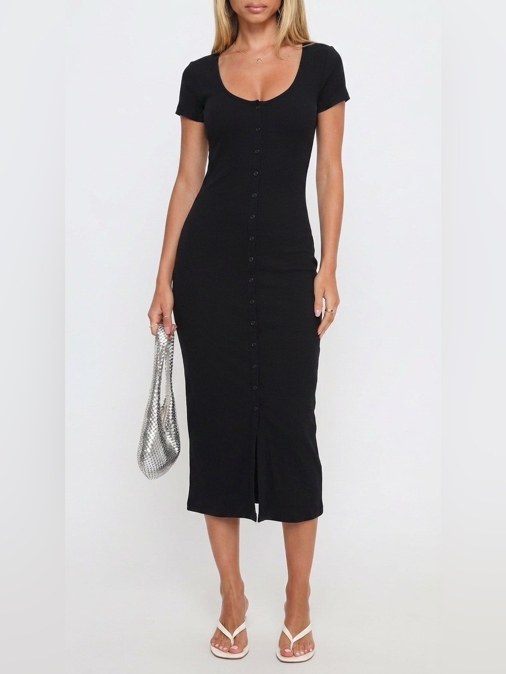 FORE Slim Ribbed Bodycon Black Midi Dress size Medium